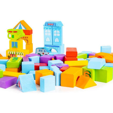 Ecotoys houten speelblokken met sorteerder in stad thema 23 x 20.5 x 20.5 cm