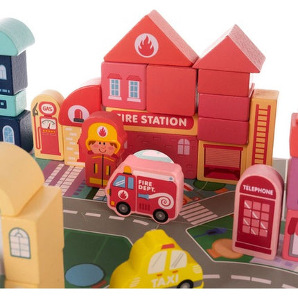 100-delige Houten blokken - Met vloerpuzzel Stad - Met 6 auto's - Vervoer & Stad – Leren - Spelen - In opberg emmer - Kado Tip