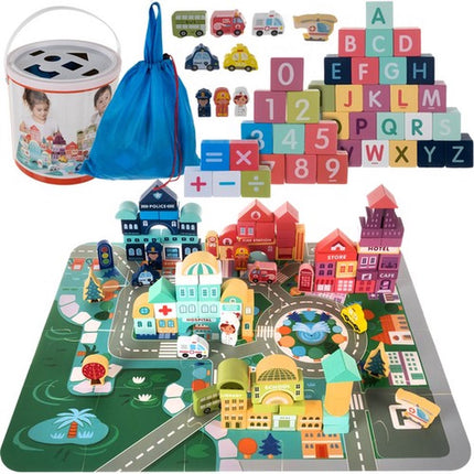 100-delige Houten blokken - Met vloerpuzzel Stad - Met 6 auto's - Vervoer & Stad – Leren - Spelen - In opberg emmer - Kado Tip