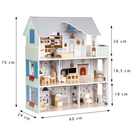 Ecotoys Poppenhuis met Meubilair Emma - 3 Verdiepingen - 60x24x70 cm - Grijs