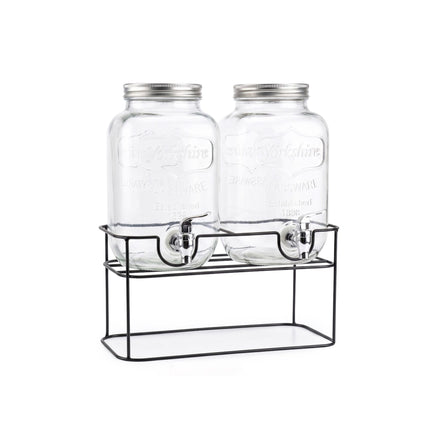 Drankdispenser Set 2x 4 Liter met Kraantje en Standaard – Dubbele Glazen Sapdispenser 8 Liter – Limonadedispenser voor Water, IJsthee, Cocktails & Feestjes – Zwart