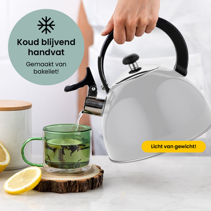 2de kansje Florina Brillo fluitketel RVS lichtgrijs 2.5 Liter - ook geschikt voor inductie