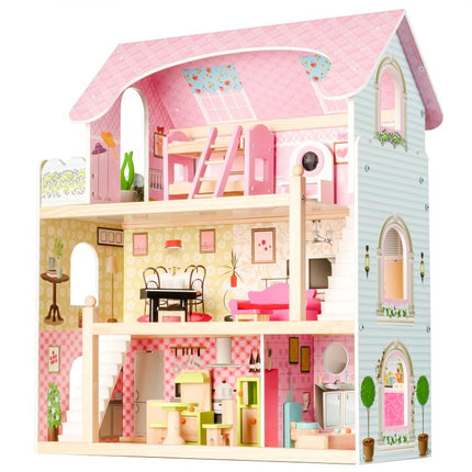 Ecotoys groot houten poppenhuis met 16 meubels en 4 poppen 70x62x31 cm Roze