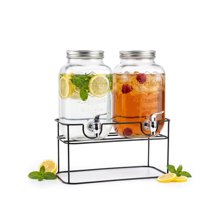 Drankdispenser Set 2x 4 Liter met Kraantje en Standaard – Dubbele Glazen Sapdispenser 8 Liter – Limonadedispenser voor Water, IJsthee, Cocktails & Feestjes – Zwart