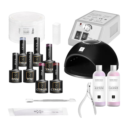 Ocho Nails Nagelstyling Starterspakket Hybride 2 – Complete Set met UV/LED Lamp, Nagelfrees & 5 Gelkleuren