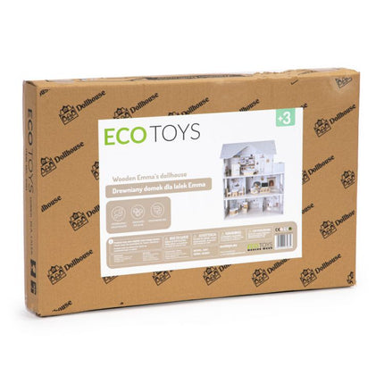 Ecotoys Poppenhuis met Meubilair Emma - 3 Verdiepingen - 60x24x70 cm - Grijs