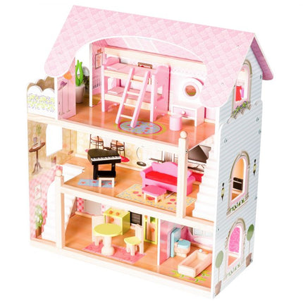 Ecotoys groot houten poppenhuis met 16 meubels en 4 poppen 70x62x31 cm Roze