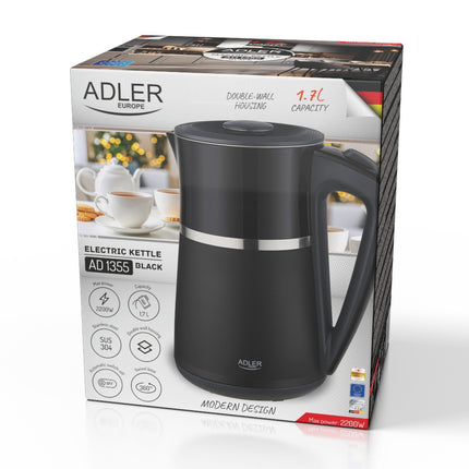 Adler AD 1355 Waterkoker 1,7 Liter 2200W – Dubbelwandig – RVS Binnenzijde – Zwart