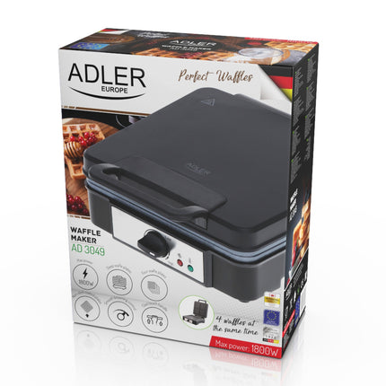Adler AD 3049 Wafelijzer voor 4 Belgische Wafels – 1800W – Regelbare Temperatuur – Anti-aanbaklaag