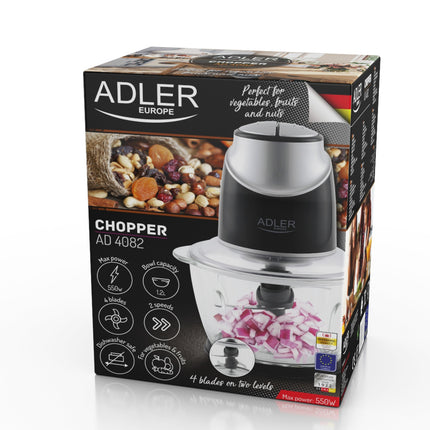 Adler AD 4082 Hakmolen 1,2 Liter 550W – Elektrische Groentehakker met Glazen Kom – 4 RVS Messen