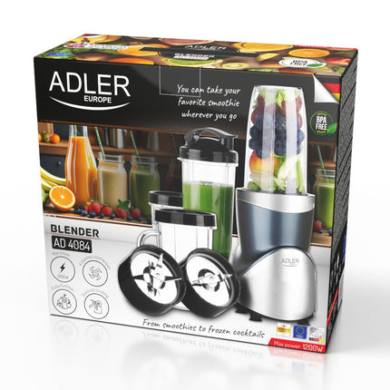 Adler AD 4084 Blender 1200W met 4 Bekers – Smoothie Blender To Go – IJscrusher – Zilver