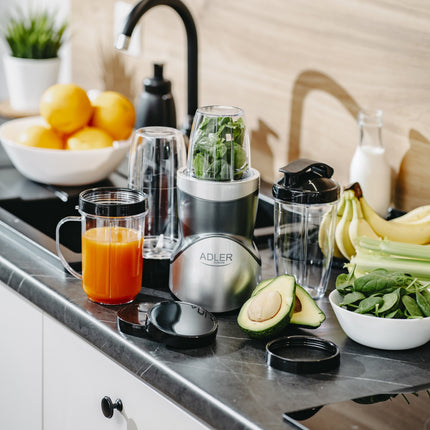 Adler AD 4084 Blender 1200W met 4 Bekers – Smoothie Blender To Go – IJscrusher – Zilver