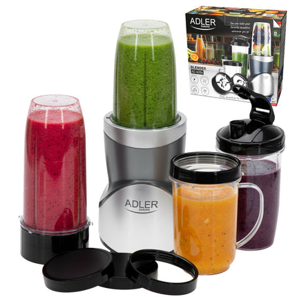 Adler AD 4084 Blender 1200W met 4 Bekers – Smoothie Blender To Go – IJscrusher – Zilver
