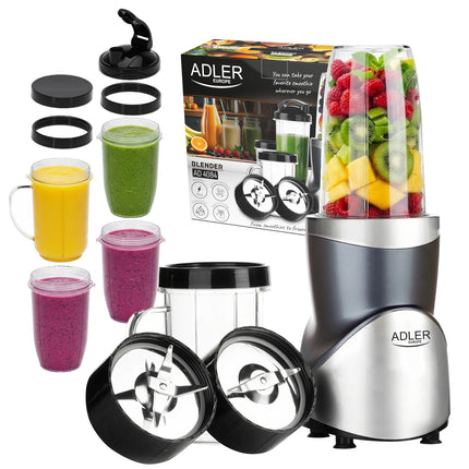 Adler AD 4084 Blender 1200W met 4 Bekers – Smoothie Blender To Go – IJscrusher – Zilver