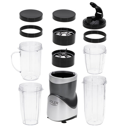 Adler AD 4084 Blender 1200W met 4 Bekers – Smoothie Blender To Go – IJscrusher – Zilver