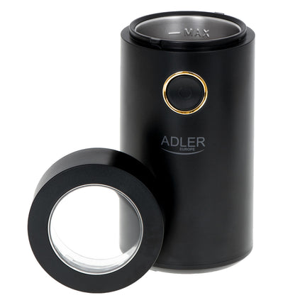 Adler AD 4446 Elektrische Koffiemolen 150W – Koffiebonen Maler – RVS Messen – 75 Gram – Zwart/Goud