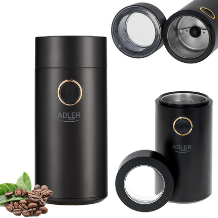Adler AD 4446 Elektrische Koffiemolen 150W – Koffiebonen Maler – RVS Messen – 75 Gram – Zwart/Goud