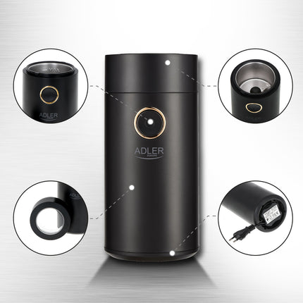 Adler AD 4446 Elektrische Koffiemolen 150W – Koffiebonen Maler – RVS Messen – 75 Gram – Zwart/Goud