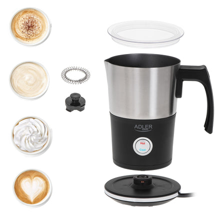 Adler AD 4497 Elektrische Melkopschuimer 300 ml – Warm & Koud – Melkverwarmer – Zwart/RVS