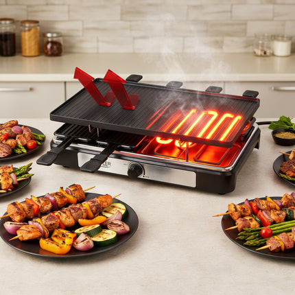 Adler AD 6616 Gourmetstel 8 Personen 1400W – Raclette Grill met 8 Pannetjes – Omkeerbare Grillplaat