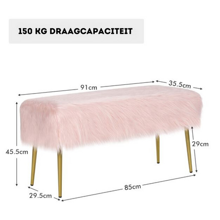 Trendmix Roze Make-Up Kruk Met Gouden Poten 91 x 35,5 cm - Poef Met imitatiebont - Zitbankje voor Entree en Slaapkamer