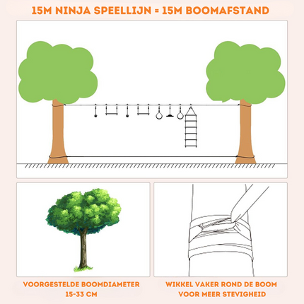 Trendmix Ninja Warrior Set 15 meter met 9 obstakels - Slackline Voor Kinderen - Buiten Speelset - Verstelbare Obstakels - Kleurrijke Speelset