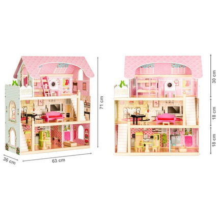 Ecotoys groot houten poppenhuis met 16 meubels en 4 poppen 70x62x31 cm Roze