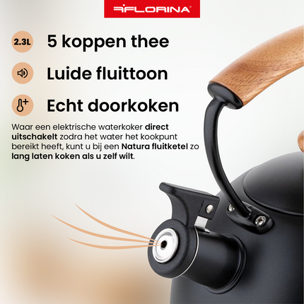 2de kansje Florina Natura Line fluitketel RVS mat zwart 2.3 Liter - ook geschikt voor inductie
