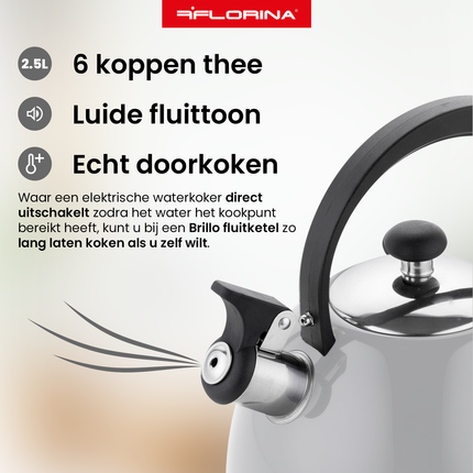 2de kansje Florina Brillo fluitketel RVS lichtgrijs 2.5 Liter - ook geschikt voor inductie