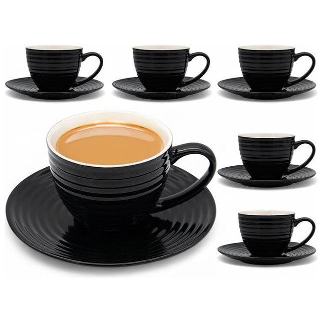 Bella Fiore Set van 6 Koffiekopjes met Schoteltjes Porselein 220 ml - Mokken - Geschenk set - Zwart