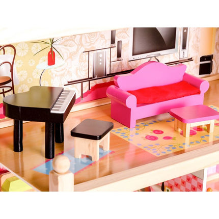 Ecotoys groot houten poppenhuis met 16 meubels en 4 poppen 70x62x31 cm Roze