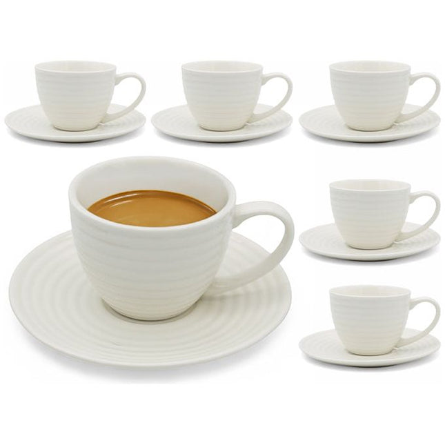 Bella Fiore Set van 6 Koffiekopjes met Schoteltjes Porselein 220 ml - Mokken - Geschenk set - Wit