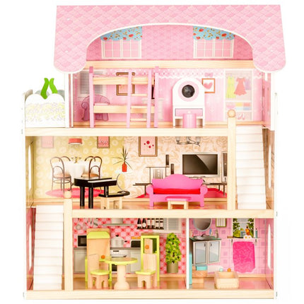 Ecotoys groot houten poppenhuis met 16 meubels en 4 poppen 70x62x31 cm Roze