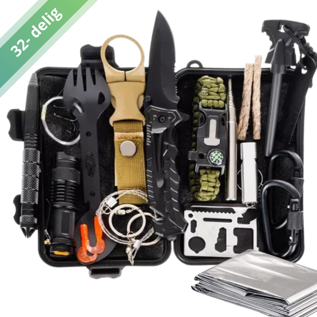 Trendmix Survival Kit 32-in-1 – Waterdicht Overlevingspakket – Outdoor Noodpakket – Compacte Survival Set met Mes, Vuurstarter, Zaklamp en Tools