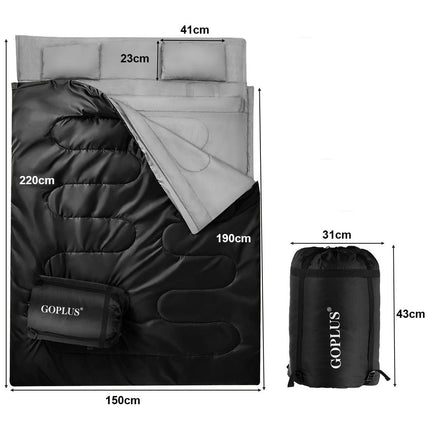 Trendmix Dubbele Slaapzak 2-in-1 – Waterdicht – Met 2 Kussens & Draagtas – 220x150 cm – Voor Kamperen & Reizen – Zwart