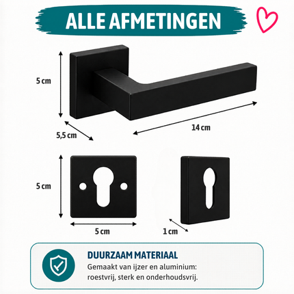 Ruhhy Zwarte Matte Deurklink voor Binnendeuren – Modern Design – Inclusief Rozet – Stil & Duurzaam – Universeel Links en Rechts Monteerbaar