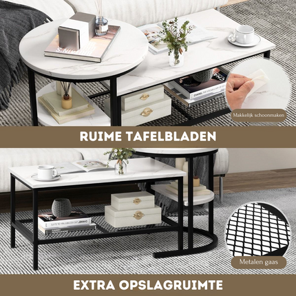 Trendmix Set van 2 Bijzettafel En Salontafel Marmerprint 80 x 46 x 41 cm - Zwart Frame - Ronde Bijzettafel Rechthoekige Salontafel