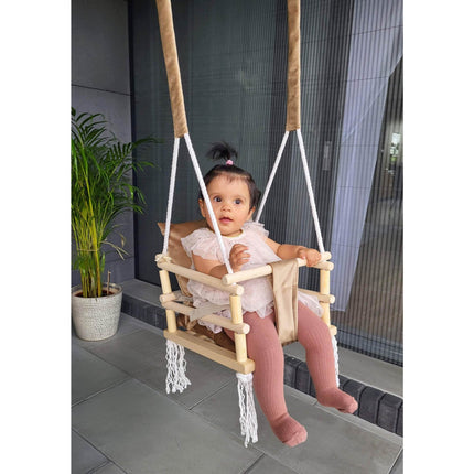 Luxe houten 3 in 1 beige bruine meegroei baby schommel en Kinder schommel – Baby swing – Schommel die meegroeit met je kindje - Schommelstoel - Schommels - Handgemaakt