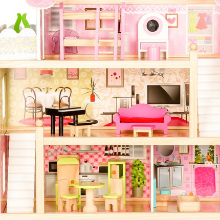 Ecotoys groot houten poppenhuis met 16 meubels en 4 poppen 70x62x31 cm Roze