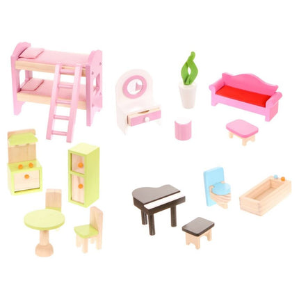 Ecotoys groot houten poppenhuis met 16 meubels en 4 poppen 70x62x31 cm Roze