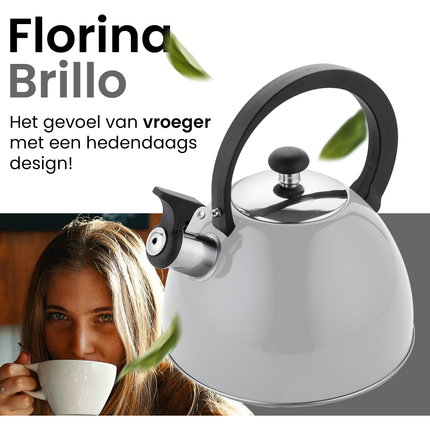 2de kansje Florina Brillo fluitketel RVS lichtgrijs 2.5 Liter - ook geschikt voor inductie