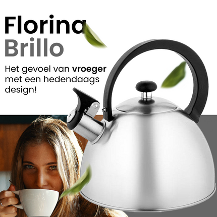 Florina Brillo fluitketel geborsteld RVS zilver 2.5 Liter - ook geschikt voor inductie