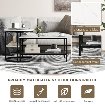 Trendmix Set van 2 Bijzettafel En Salontafel Marmerprint 80 x 46 x 41 cm - Zwart Frame - Ronde Bijzettafel Rechthoekige Salontafel
