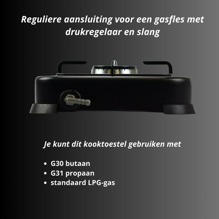 BROCK 1-Pits Gasfornuis – Draagbaar Camping Kooktoestel op LPG – Gietijzeren Branders – Buiten Kookplaat 24x24x6 cm – Zwart