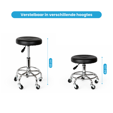 Trendmix Kapperskruk op Wielen – Ergonomische Zadelkruk met Voetsteun – In Hoogte Verstelbaar – Rubberen Wielen & Zwart PU-Ecoleer