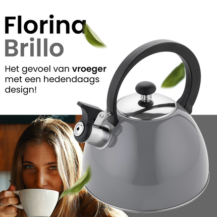 2de kansje Florina Brillo fluitketel RVS donkergrijs 2.5 Liter - ook geschikt voor inductie