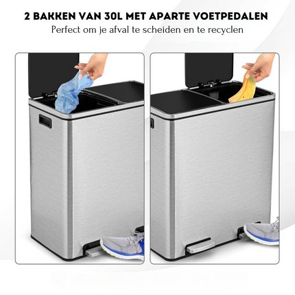 Trendmix RVS Afvalscheidingsprullenbak 2 x 30L - Prullenbak 60L Met Dubbele Compartimenten En Voetpedalen - Anti-Vingerafdruk