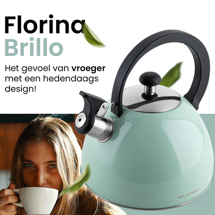 2de kansje Florina Brillo fluitketel RVS mint groen 2.5 Liter - ook geschikt voor inductie