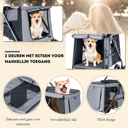 Trendmix Opvouwbare XL Hondenbuggy Met Ademend Gaas En Opbergvakken - Voor Honden En Katten Tot 40 kg - 106 x 63 x 103 cm Grijs