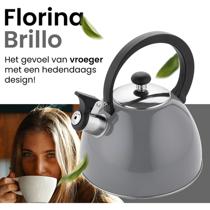 2de kansje Florina Brillo fluitketel RVS donkergrijs 2.5 Liter